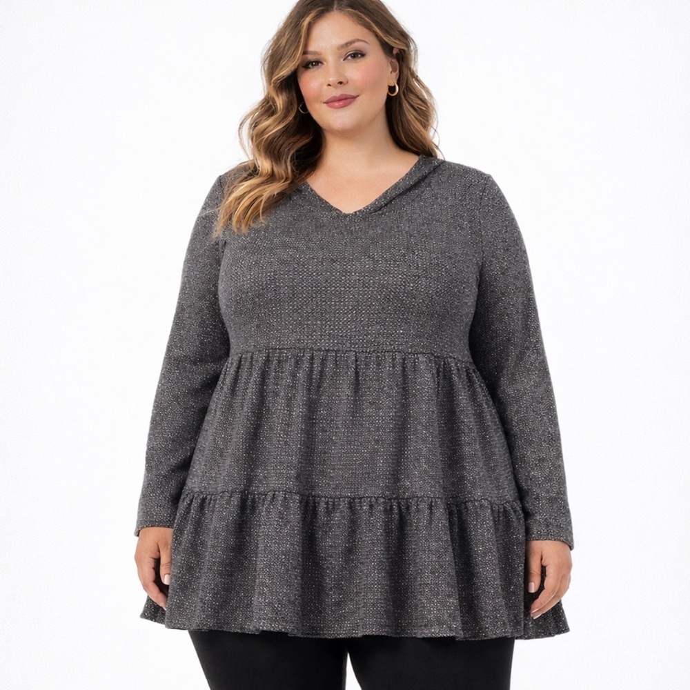 Lane Bryant Gray Waffle Knit Hoodie Tiered Babydoll Sparkle 18/20 Metallic
